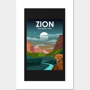 Zion National Park Night Sky Stars Vintage Travel Poster Posters and Art
